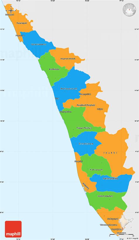 Map of kerala (india), satellite view. Political Simple Map of Kerala, single color outside