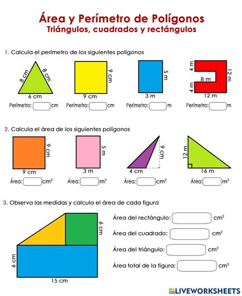 Área Y Perímetro Triángulos Rectángulos Y Cuadrados Worksheet Math