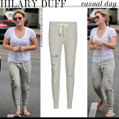 What She Wore Hilary Duff In White Top With Grey Distressed Sweatpants