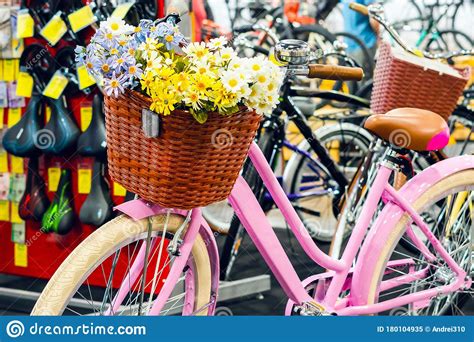 Bright City Bike With Basket And Flowers Stock Image Image Of Summer