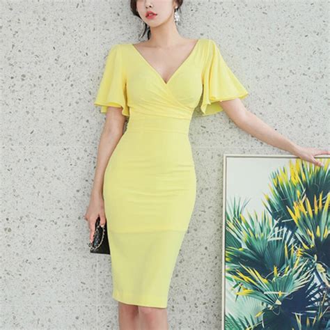 Women Dress 2018 Elegant Yellow V Neck Slim Office Lady Formal Dress