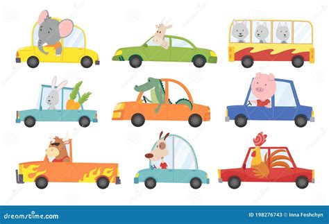 Colored Set Of Kids Transport With Cute Little Animals Driving Car