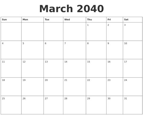 March 2040 Blank Calendar Template