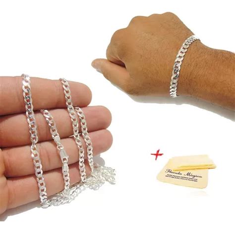 Conjunto Corrente E Pulseira Mm Masculina Prata Grumet