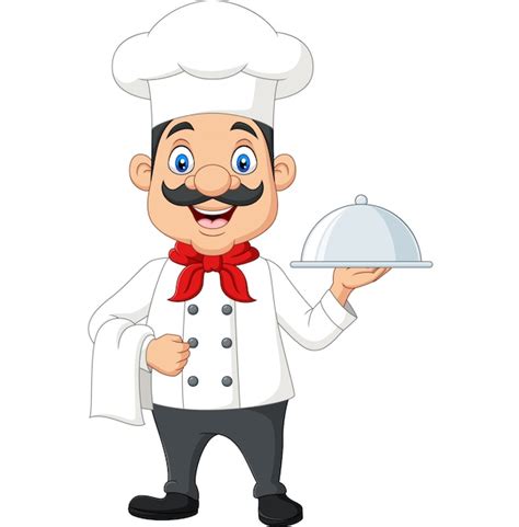 Cartoon Funny Chef With A Mustache Holding A Silver Platter Premium