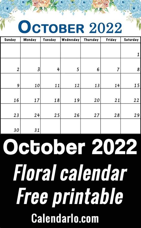 October 2022 Floral Calendar Printable With Cute Flowers Landscape