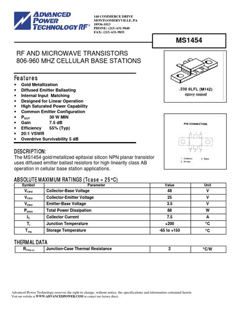 Ms1453 Datasheet Rf And Microwave Transistors