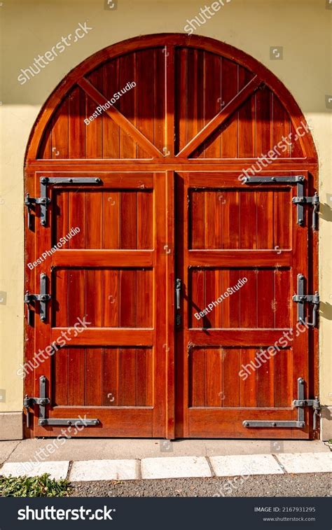 Dark Brown Wood Door Semicircular Arched Stock Photo 2167931295