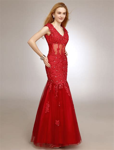 Red Prom Dresses 2020 Long Mermaid Evening Dress V Neck Beaded Applique