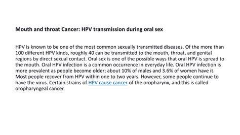 ppt mouth and throat cancer hpv transmission during oral sex powerpoint presentation id 11552105