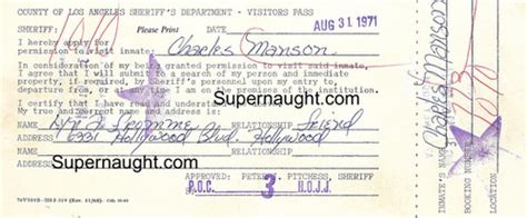 Lynette Fromme Visiting Pass Charles Manson 1971 Supernaught