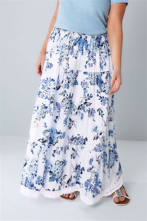 Blue And White Floral Print Tiered Maxi Skirt With Lace Trim Hem Plus