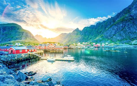 Lofoten 노르웨이 호수 산 집 자연 높은 품질 바탕 화면시사