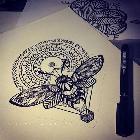 Elegant Bee With Round Mandala And Geometric Drawings Tattoo Design