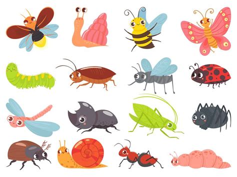 Cartoon Bugs Baby Insect Funny Happy Bug And Cute Ladybug Vector Set