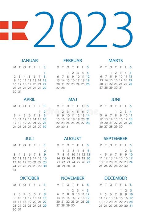 Calendar 2023 Year Vector Template Illustration Danish Version Stock
