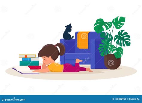 Girl Lying On The Floor Reading A Book Stock Vector Illustration Of
