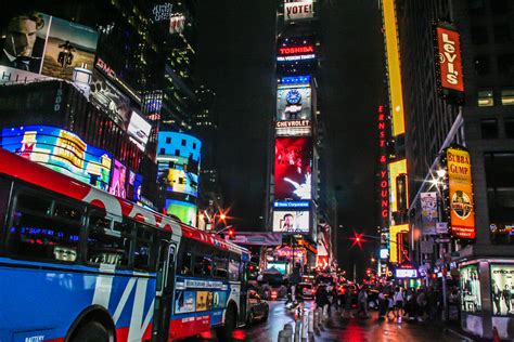 Times Square New York Usa City Cities Neon Lights Traffic Night Crowd People Gf