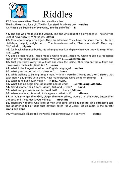 Funny puzzles for adults are good for entertainment. 59 Riddles worksheet - Free ESL printable worksheets made ...