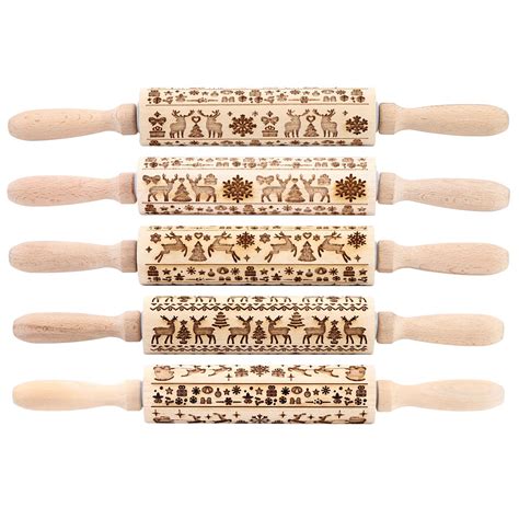 Christmas Embossed Rolling Pin 14 Inch Wooden Engraved Printing Cute