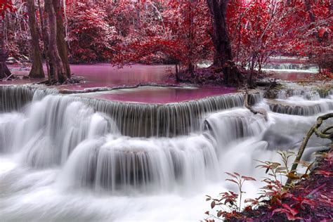Waterfall River Flow Autumn Purple Wallpaper 6000x4000