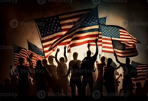 Group Of People Waving American Flags In Back Lit Ai Generated