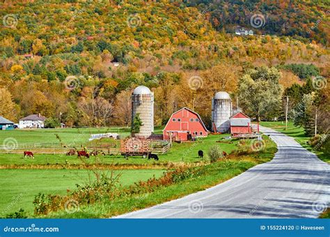 Farm With Red Barn And Silos In Vermont Stock Photo Image Of Meadow