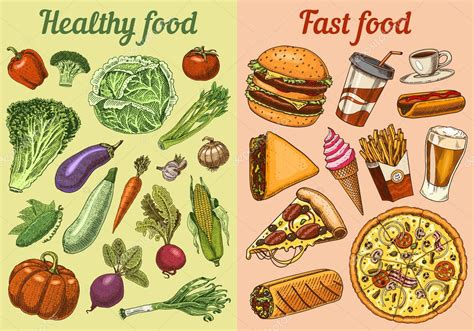 Healthy Vs Junk Food Concept Fruits And Vegetables Or Fast Nutrition