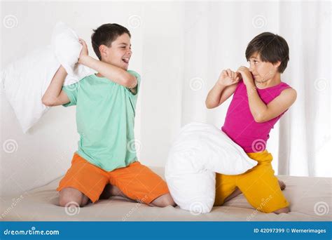 Pillow Fight Stock Image Image Of Caucasian Young Kids 42097399