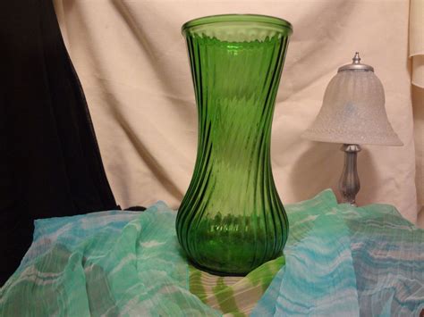 Hoosier Glass Long Stem Vase Green Glass Swirl Pattern In
