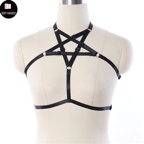 women sexy lingerie pole dance pentagram body harness black crop top fetish cage punk bra rave