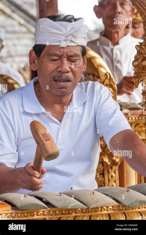 Man Playing A Metallophone In A Gamelan Orchestra In Bali Indonesia
