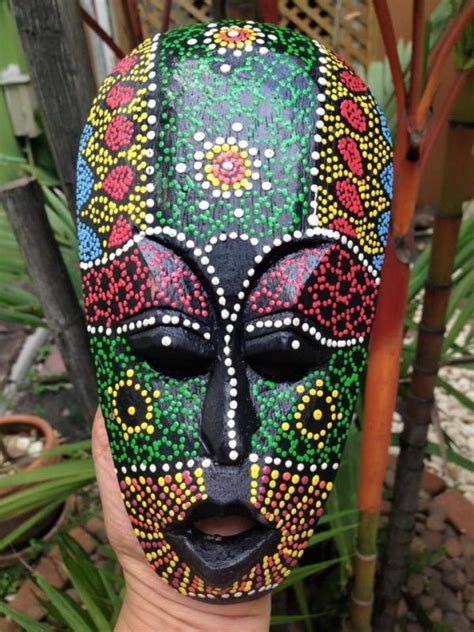 Mask Tribal Dot Aboriginal Hand Carved Painted Art Face African Home