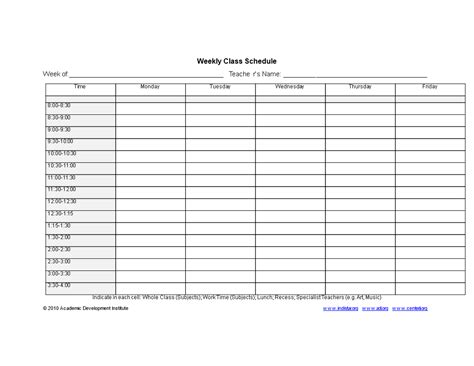 Weekly Class Schedule Template Templates At
