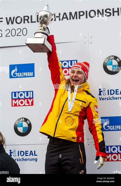 German Skeleton Racer Tina Hermann Celebrates Her Win During The Ibsf World Championships 2020