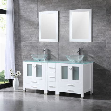 Wonine White 60 Bathroom Vanity Cabinet W Modern Double Glass Vessel Sink Combo New
