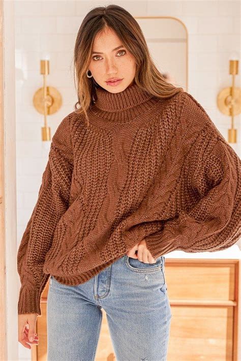 Oh What A Feeling Heather Brown Cable Knit Turtleneck Sweater Cable Knit Turtleneck Sweater