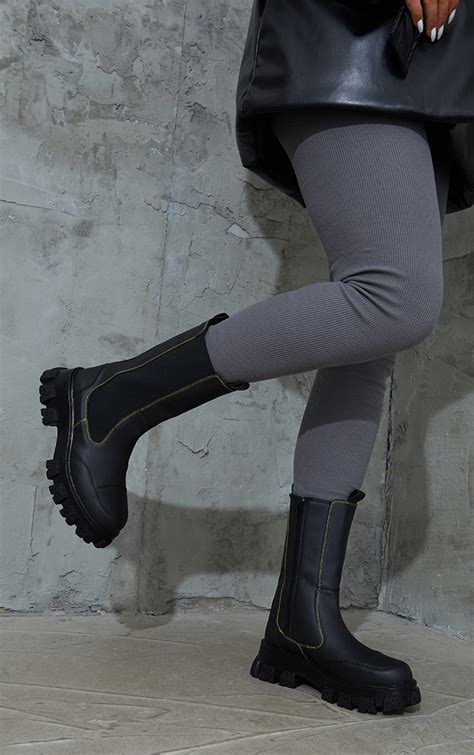 Black Chunky Cleated Sole Calf High Chelsea Boots Prettylittlething