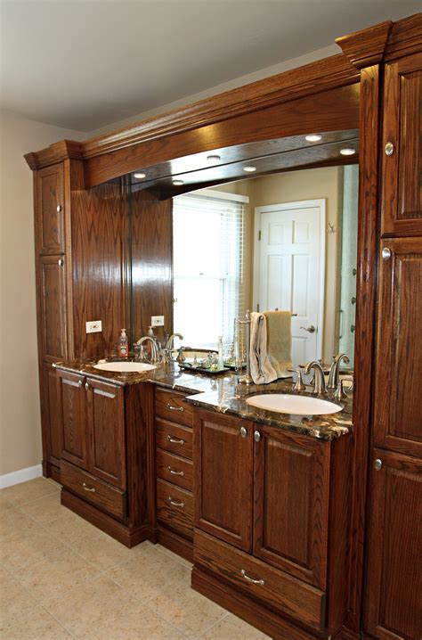 Rich Oak Vanity Sports Granite Counter Crown Molding Linen Towers