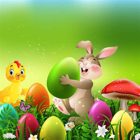 Cartoon Rabbit With Easter Eggs And Baby Chicken In The Field 7496815