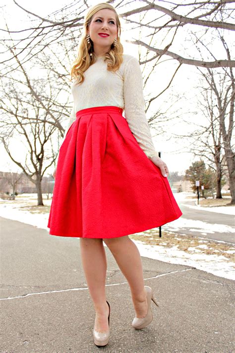 Ivory Lace And Red Pleated Skirt Valentines Day Look