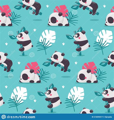 Cute Seamless Vector Pattern With Panda Bears On Bamboo Branches