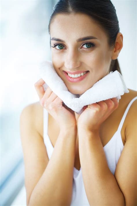 Face Washing Happy Woman Drying Skin With Towel Stock Photo Image Of