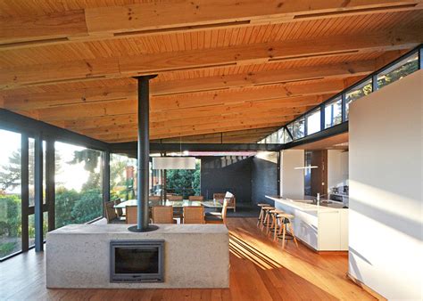 Timber Lined Roof Perches At An Angle On Chilean Seaside Home