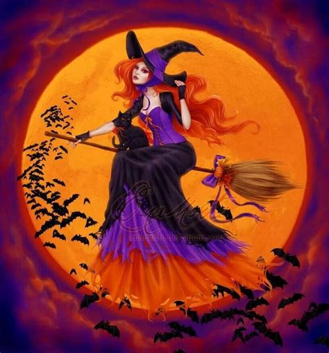 A Painting Of A Witch Flying On Her Broom