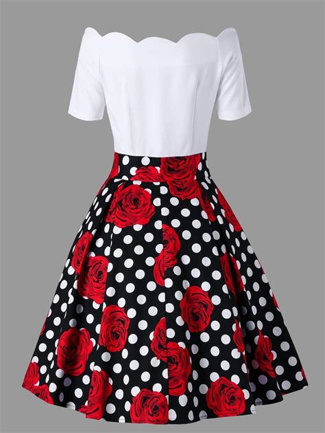 Polka Dot Roses Printed Off Shoulder Vintage Dress Elegant Vintage Dresses Vintage Dresses