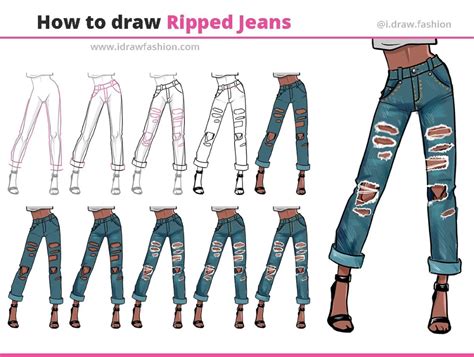 How To Draw Ripped Jeans 10 Easy Steps I Draw Fashion Jeans Drawing