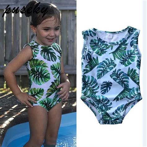 Puseky Summer Toddler Kids Baby Girls Swimwear Green Leaf High Neck