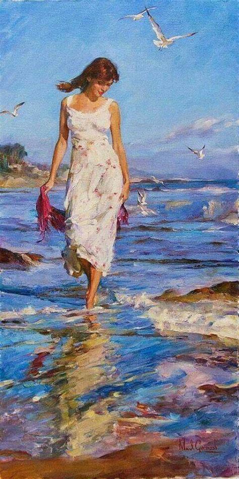 Lady Walking On The Beach Soft Impressionist Style Painting Fine