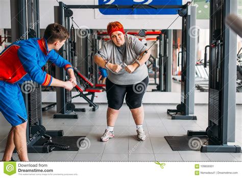 Fat Woman Training With Instructor Hard Workout Stock Image Image Of